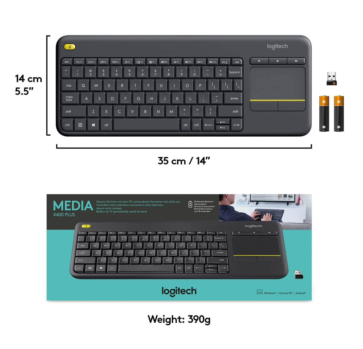 Logitech K400 Plus Wireless Touch Keyboard With Easy Media Control and Built-in Touchpad