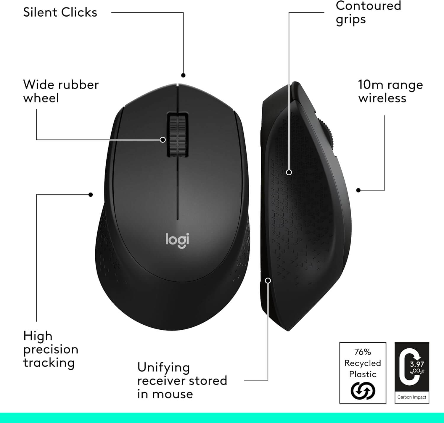 Logitech M330 SILENT 2.4GHz Wireless Mouse with USB Receiver - Black