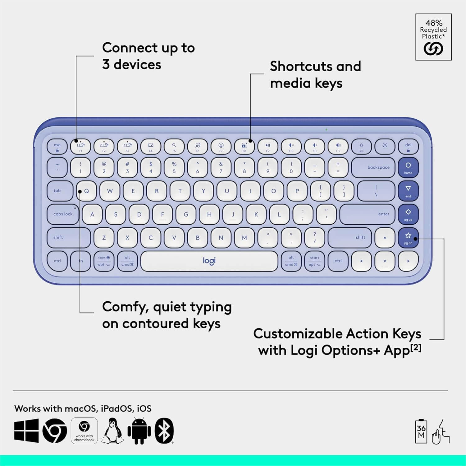 Logitech POP ICON Keys Wireless Bluetooth Keyboard - Lilac and Off-White