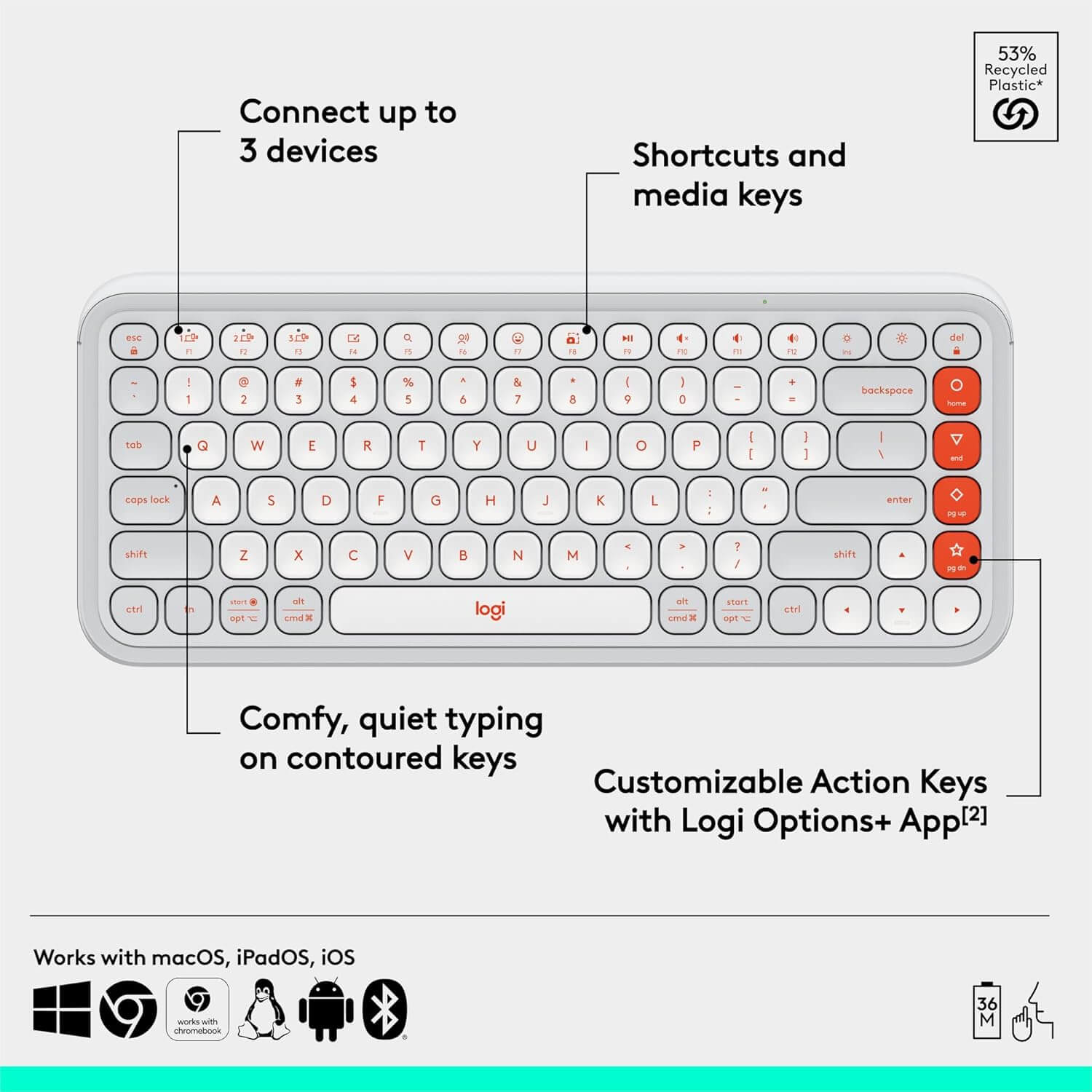 Logitech POP ICON Keys Wireless Bluetooth Keyboard - Off-White and Orange