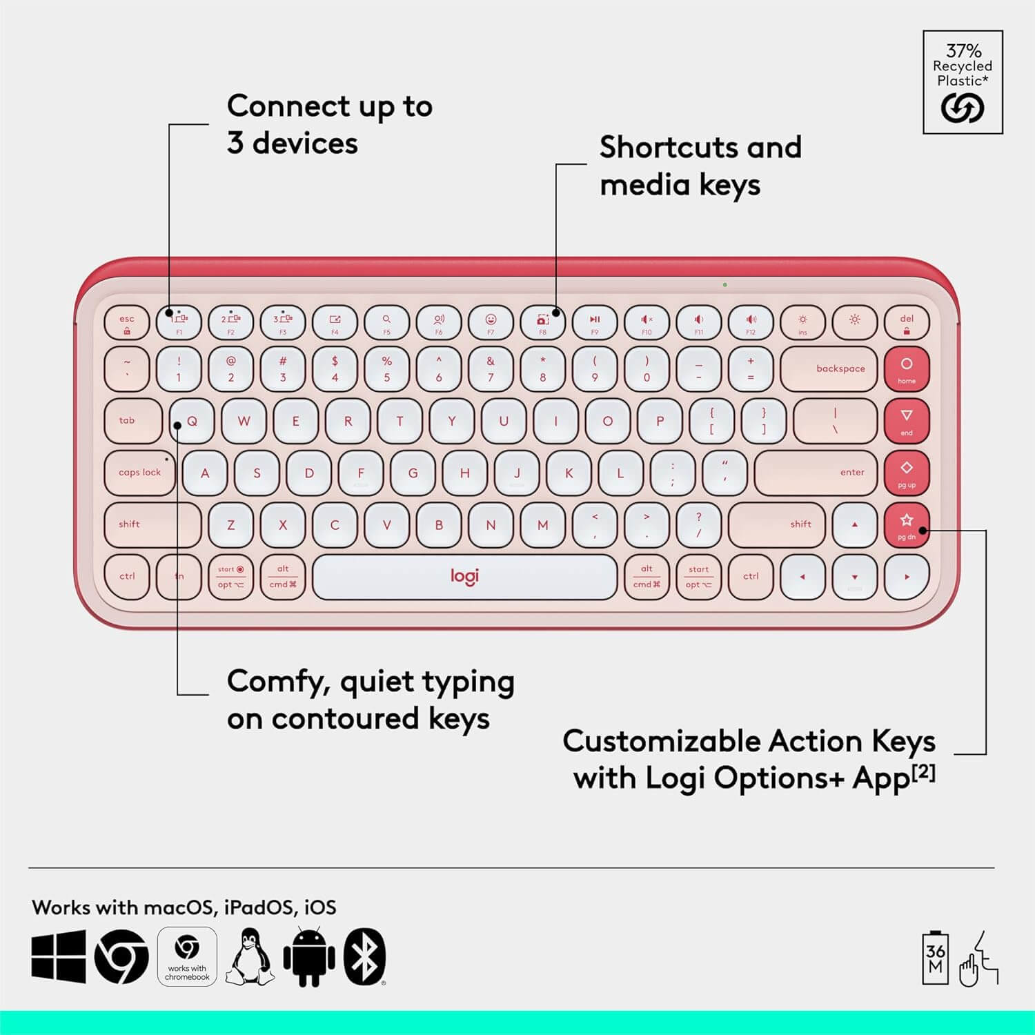 Logitech POP ICON Keys Wireless Bluetooth Keyboard - Rose and Off-White