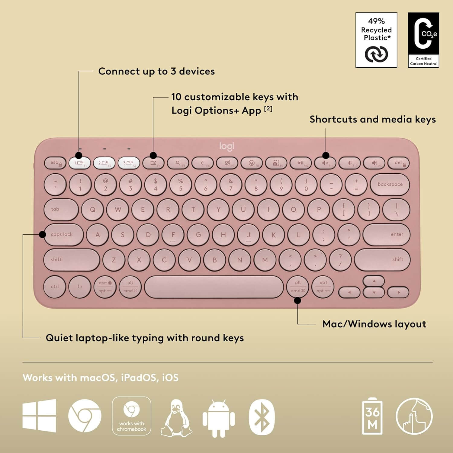 Logitech Pebble Keys 2 K380s Slim Minimalist Bluetooth Keyboard with Customizable Keys - Rose