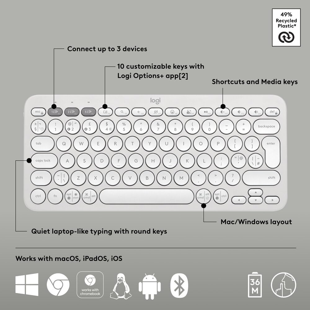 Logitech Pebble Keys 2 K380s Slim Minimalist Bluetooth Keyboard with Customizable Keys - White