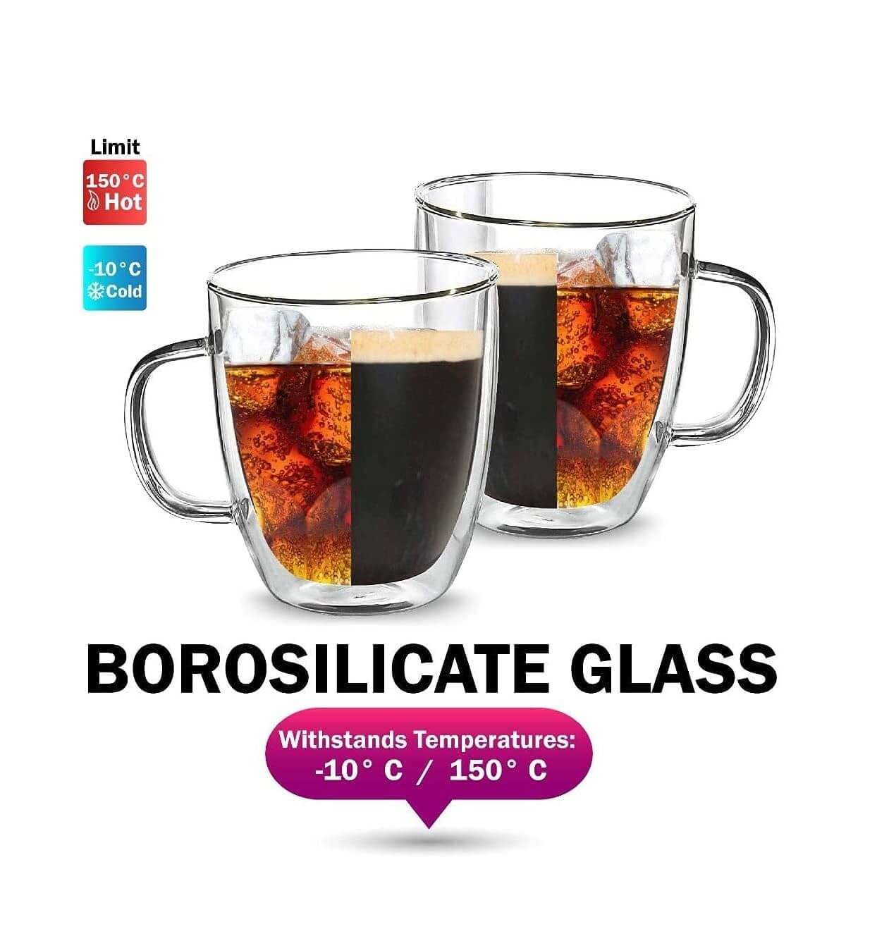 Prismora Borosilicate Double Layer Glass Mug with Handle 350ml