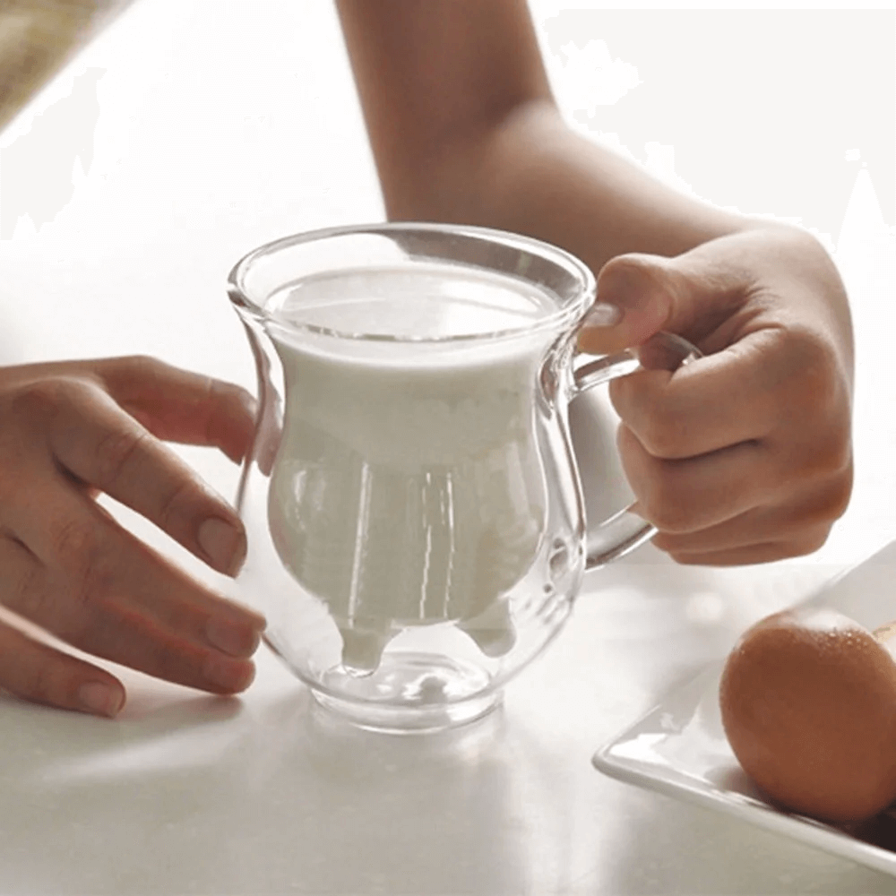 Prismora Cute Cow Double Layer Glass Mug with Handle 250ml