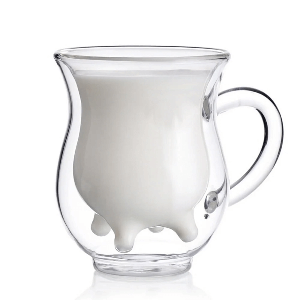 Prismora Cute Cow Double Layer Glass Mug with Handle 250ml