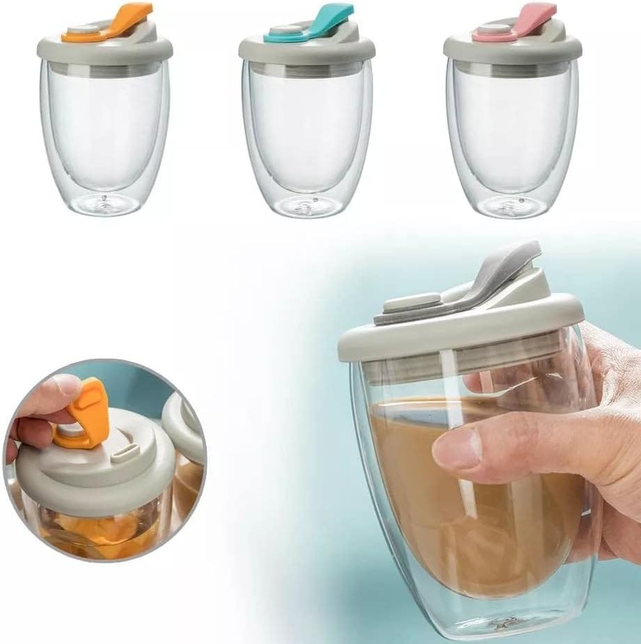 Prismora Double Layer Glass Mug with Silicone Vacuum Sipper Lid 350ml