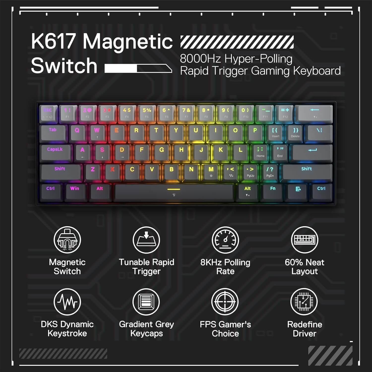 Redragon FIZZ K617 60% RGB Wired Mechanical Gaming Keyboard - Misty Grey