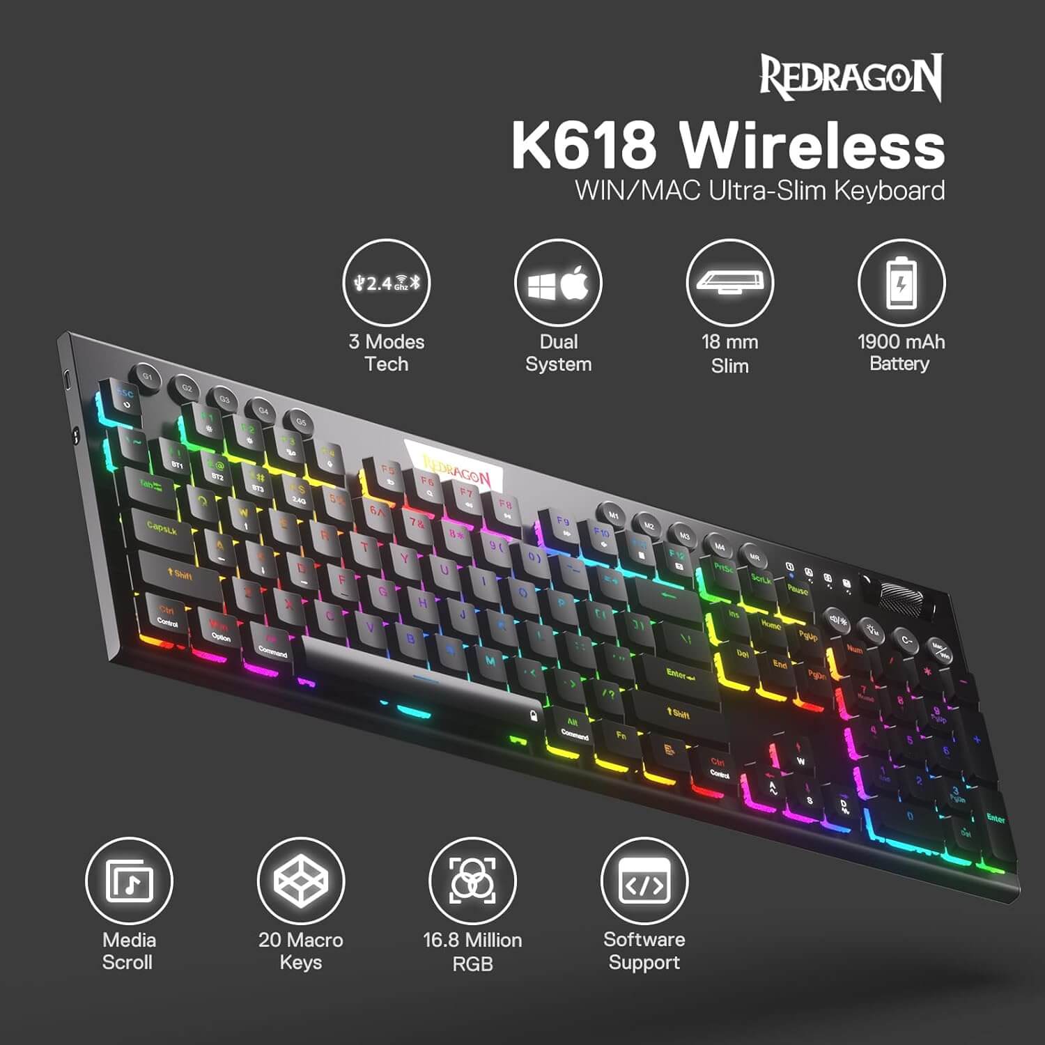 Redragon HORUS PRO K618 RGB Mechanical Wireless Gaming Keyboard