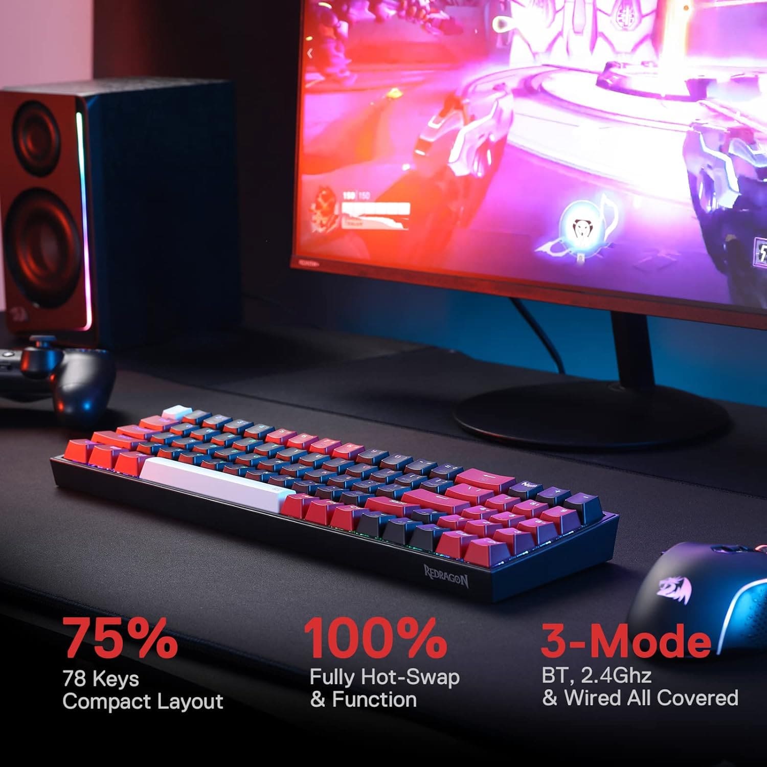 Redragon POLLUX PRO K628 PRO 75% 3 Mode Wireless RGB Mechanical Gaming Keyboard