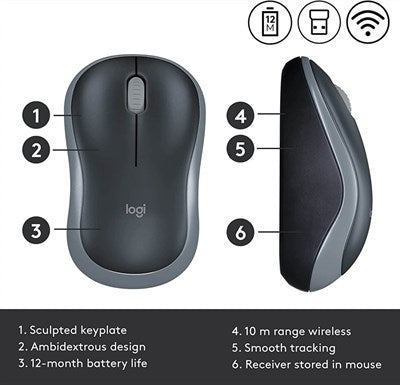 Logitech M185 2.4GHz Compact Wireless Mouse - Grey