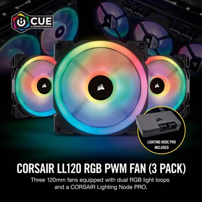 Corsair LL120 RGB 120mm Dual Light Loop RGB LED PWM Fan — 3 Fan Pack with Lighting Node PRO